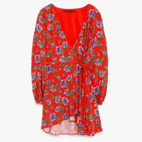 Zara | NWT Red Floral Wrap V-Neck Ruched 3/4-Length Sleeve Dress XS - Picture 10 of 13